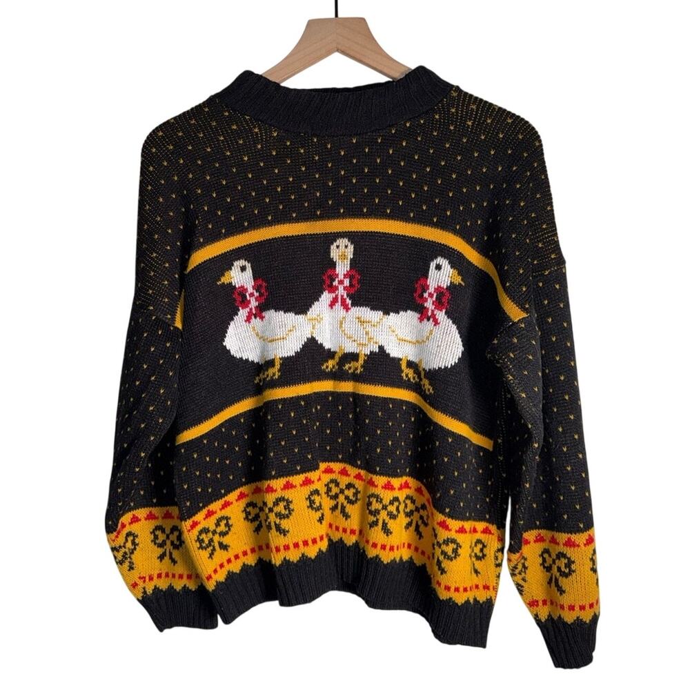 VINTAGE PRIVATE EYES Goose Farmhouse Wool Black Knit Crewneck Sweater L